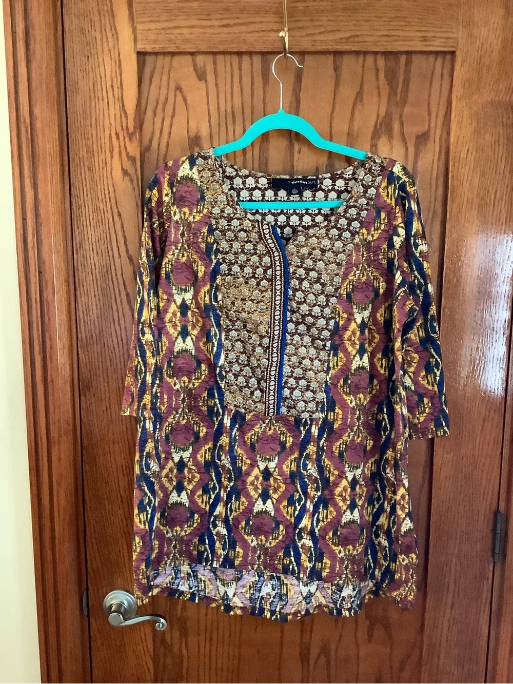 Denim 24/7 Embroidered Tunic Top - Burgundy, Navy & Gold